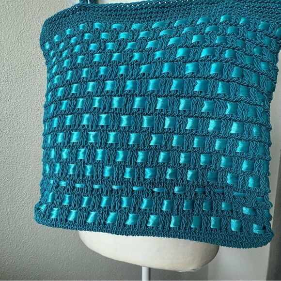 Handbag Shoulder Bag Turquoise Blue Braided Ribbon Weave - Picture 6 of 10